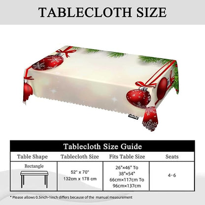 Swono Christmas Table Cloth Christmas Fir Twigs Red Balls Rectangle Tablecloth Picnic Tablecloth BBQ Table Cloths Polyester for Kitchen 50x72 Inch