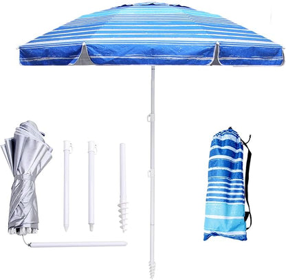 LOTTAFUN 6ft Beach Umbrella - Heavy Duty Wind Resistant UV 50+ Portable Sun Shade with Sand Anchor & Carry Bag, Outdoor Folding Umbrella for Beach, Pool, Patio, Garden (Blue Stripe) No Tilt The sand needs to exceed the spiral 6inch
