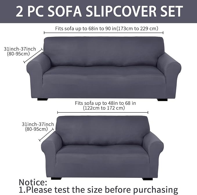 Peryiter 2 Pcs Couch and Loveseat Sofa Covers,Dark Gray,Milk Silk | Armchair Covers for Living Room, Sofa Cushion Slipcover 2/3 Seater, Furniture Protector, Polyester and Spandex, Washable