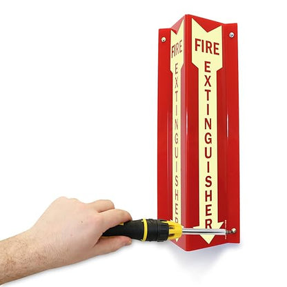 SmartSign "Fire Extinguisher" Two-Sided V-Shaped Projecting Sign with Down Arrow, 18 x 4 inch, 120 mil Thick Glow-In-The-Dark Polished Acrylic, Photoluminescent