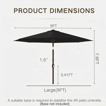 Kingdura 9FT Outdoor Patio Umbrella, Round Market Table Umbrella with Push‑Button Tilt and Crank Lift, 8 Sturdy Metal Ribs, UV50+ Protection Canopy for Backyard, Lawn, Deck, Poolside, Garden (Black)