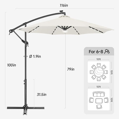 10 ft Solar Patio Umbrella Cantilever with Centre Light, Ivory | 40 LED Lights, UV Protection, Large Offset Patio Umbrella Outdoor for Garden, Deck, Backyard, Pool, Porch, Provides Shade