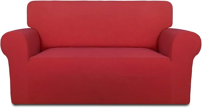 PureFit Stretch Loveseat Covers Fleece Couch Covers for Sofa Red | 1-Piece Sofa Slipcover Soft Couch Protector, Sofa Cover Washable with Non Skid Foam and Elastic Bottom for Kids, Dogs