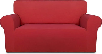 PureFit Stretch Loveseat Covers Fleece Couch Covers for Sofa Red | 1-Piece Sofa Slipcover Soft Couch Protector, Sofa Cover Washable with Non Skid Foam and Elastic Bottom for Kids, Dogs