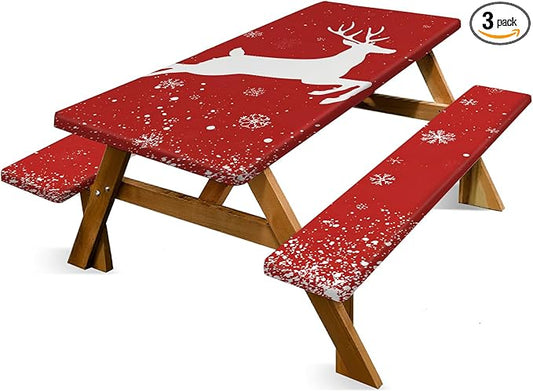 Christmas Picnic Pable Cover with Table Cover, Elastic Tablecloth for Outdoor Picnic Table, Red Reindeer and Snowflake Design, Tablecloth for Camping, Barbecue and Holiday Parties