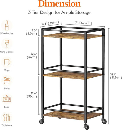 Lifewit Mini 3 Tier Rolling Bar Cart with Lockable Wheels, Rustic Brown | Drink serving liquor utility cart for dining living room, compact size 17 x 11.8 x 32.1 inch, mobile wine storage trolley
