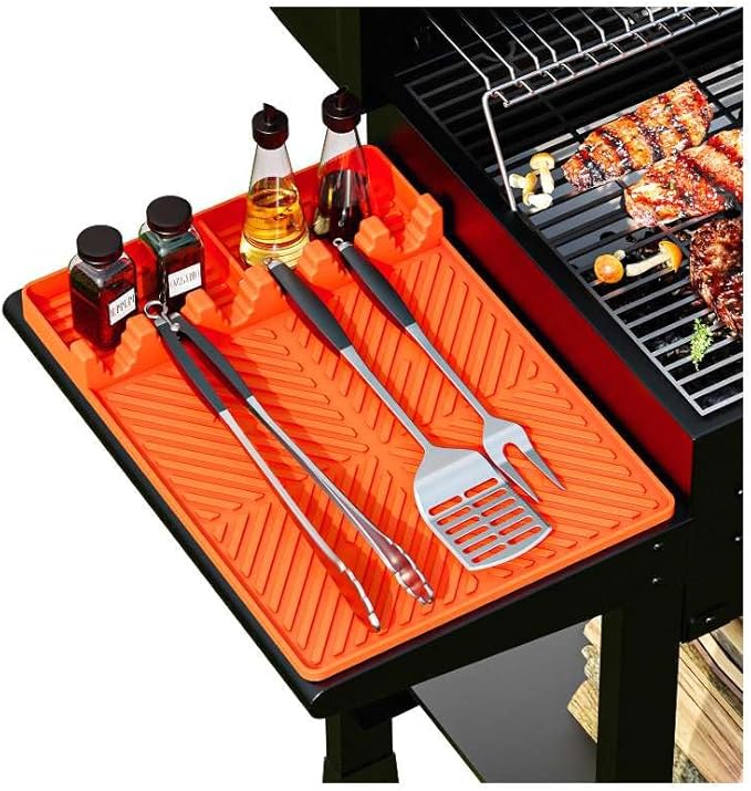 Silicone Grill Mat for Blackstone Barbeque Grill Accessories，16”×11.5” Silicone Griddle Tools with Drip Pad，Side Shelf Griddle Spatula Utensil Mats for Outdoor Barbeque & Kitchen Countertop (Orange)