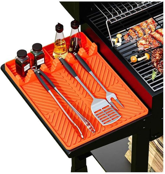 Silicone Grill Mat for Blackstone Barbeque Grill Accessories，16”×11.5” Silicone Griddle Tools with Drip Pad，Side Shelf Griddle Spatula Utensil Mats for Outdoor Barbeque & Kitchen Countertop (Orange)