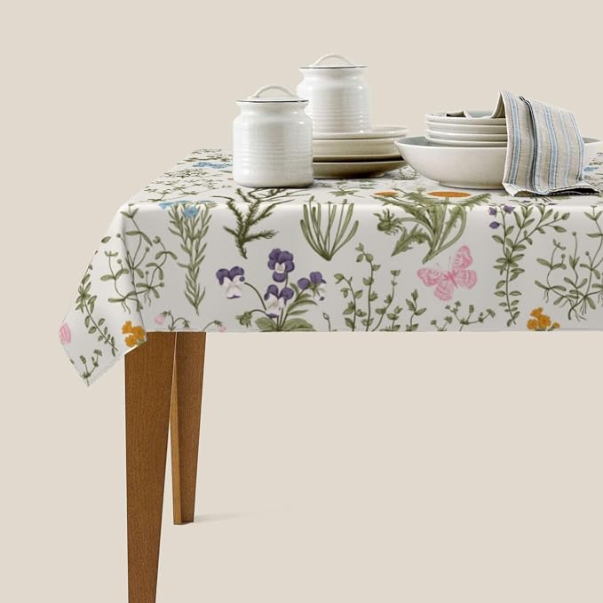 Vintage Floral Rectangle Tablecloth for Kitchen Dinner Picnic Party | 54"x72" Herbs and Wild Flowers Table Cloth Spring Summer Farmhouse Home Decor Cute Botanic Table Cover