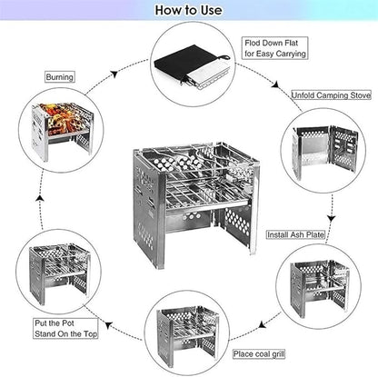 Portable Charcoal Grill Mini Outdoor Barbecue Grill Rack Folding Stainless Steel Camping BBQ Stove Oven Set for Picnic Travel Cookware,A-1