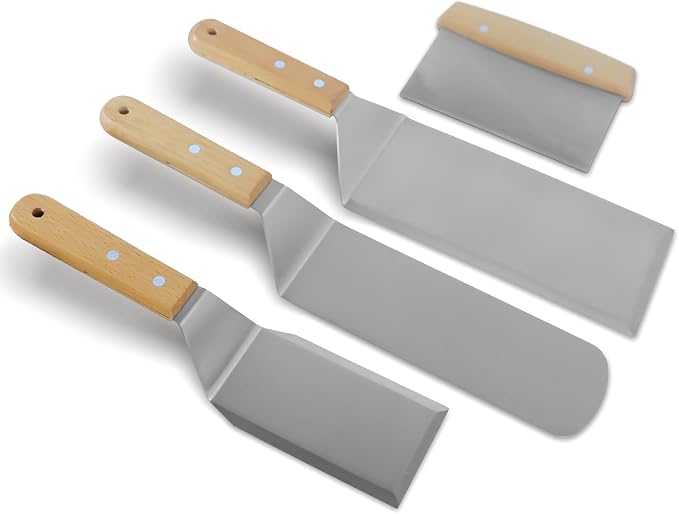 Stainless Steel Metal Spatula Set, 4 Pcs Teppaniyaki Griddle Accessories - Grill Burger Turner Long Pancake Flipper Griddle Scraper for Flat Top Cast Iron BBQ, Wooden Handle, Easy to Clean
