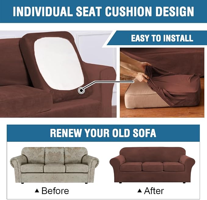 H.VERSAILTEX Modern Velvet Plush 4 Piece High Stretch Sofa Slipcover Sofa Cover Furniture Protector Form Fit Thick Velvet Sofa Cover for 3 Cushion Couch Width Up to 90 Inch (Sofa, Burnt Brick)