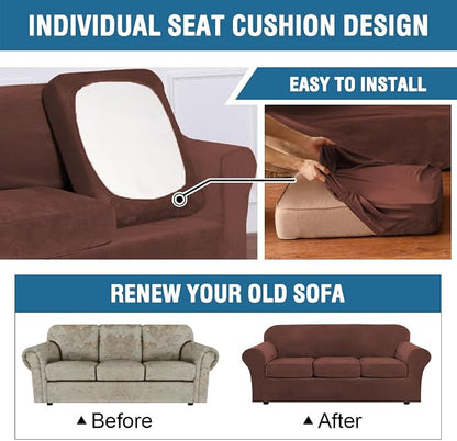 H.VERSAILTEX Modern Velvet Plush 4 Piece High Stretch Sofa Slipcover Sofa Cover Furniture Protector Form Fit Thick Velvet Sofa Cover for 3 Cushion Couch Width Up to 90 Inch (Sofa, Burnt Brick)