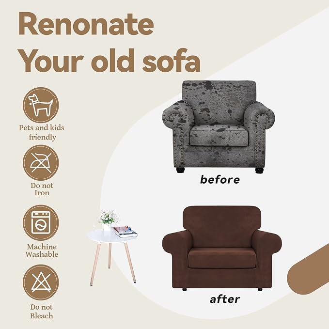 WEERRW Velvet Stretch 2 Pieces Chair Sofa Slipcovers Washable, Chocolate | Armchair Slipcovers Luxury Soft Velvet Plush Furniture Protector Couch Cover with Elastic Bottom for Kids Pets, Small