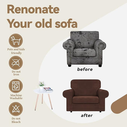 WEERRW Velvet Stretch 2 Pieces Chair Sofa Slipcovers Washable, Chocolate | Armchair Slipcovers Luxury Soft Velvet Plush Furniture Protector Couch Cover with Elastic Bottom for Kids Pets, Small