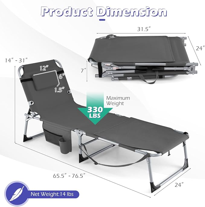 GYMAX Tanning Chair, 330LBS Beach Lounge with Face Arm Hole & Hand Shoulder Strap, Folding Layout Sunbathing Chair, Face Down Outdoor Chaise Lounger for Patio, Poolside, Lawn, Backyard (1, Grey)