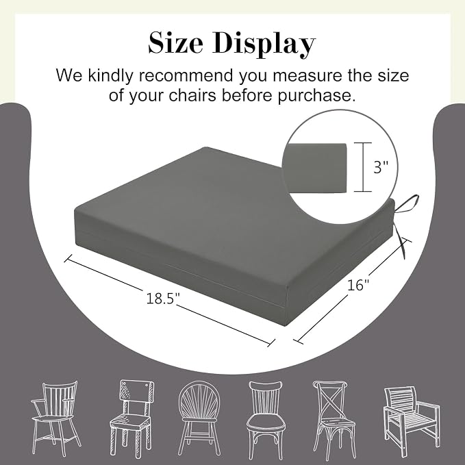 Cozyide Outdoor Chair Cushions, Waterproof Patio Seat Cushions with Adjustable Straps, Square Corner Patio Chair Cushions for Garden, Dark Grey, 18.5x16x3 Inch (Pack of 4)