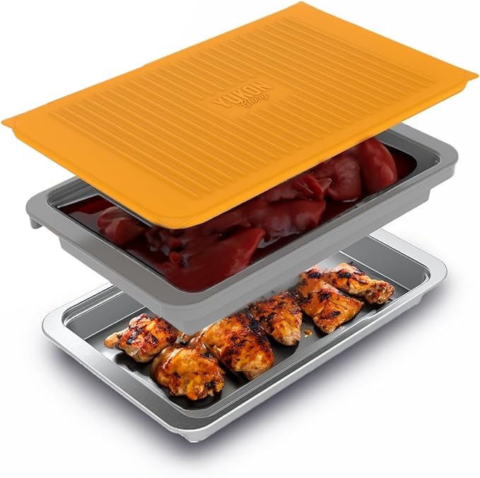 Grill Prep Tray Set, Stainless Serving Platter, Marinade Tub | Marinating container with lid, grilling tray and grill tray for outdoor grill, 18 x 11.4 in, dishwasher safe