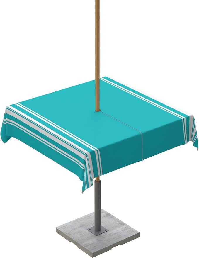 QueenKer Outdoor Tablecloth with Umbrella Hole, Farmhouse Aqua White Stripe Square Tables Waterproof Tabletop Collection for Patio, Garden, Picnic, Camping, Dining 60 x 60 inch