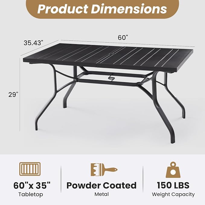 Outdoor Dining Table 60"x35", Rectangle Patio Dining Table with 1.57" Umbrella Hole, Outdoor Metal Furniture for Patio, Graden, Backyard and Poolside, Weather-Resistant