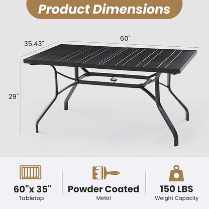 Outdoor Dining Table 60"x35", Rectangle Patio Dining Table with 1.57" Umbrella Hole, Outdoor Metal Furniture for Patio, Graden, Backyard and Poolside, Weather-Resistant