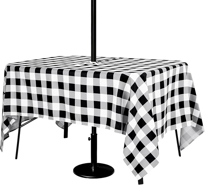 Poise3EHome Rectangle Outdoor Tablecloth with Umbrella Hole and Zipper,Black and White Gingham 70x52 Inch, SpillProof Washable Table Cloth for Spring Summer Patio Garden Poolside Picnic Camping BBQS