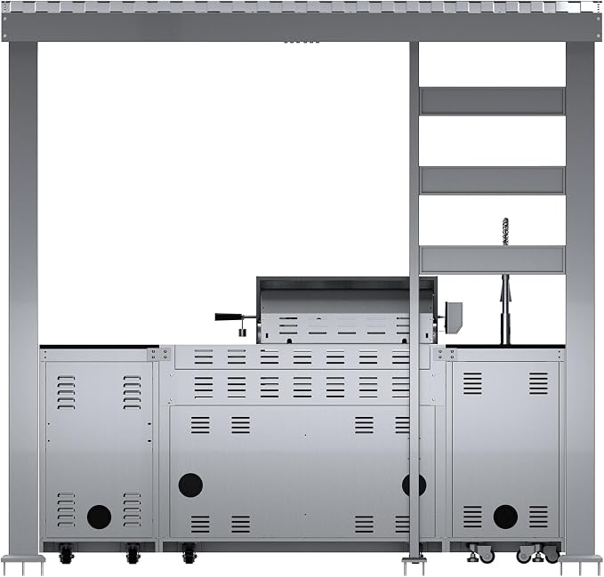 97" Covered Outdoor Kitchen Island with Roof, 4-Burner 72,000 BTU Propane BBQ Island with Side Burner, Sink, Refrigerator & Rotisserie, for Backyard and Patio Cooking, Silver