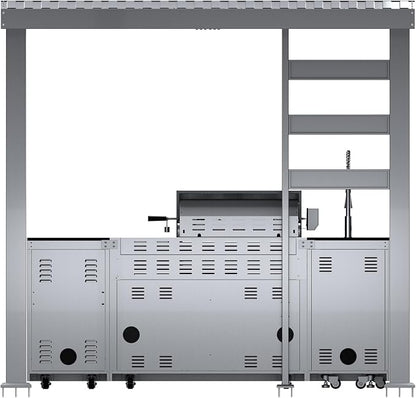 97" Covered Outdoor Kitchen Island with Roof, 4-Burner 72,000 BTU Propane BBQ Island with Side Burner, Sink, Refrigerator & Rotisserie, for Backyard and Patio Cooking, Silver