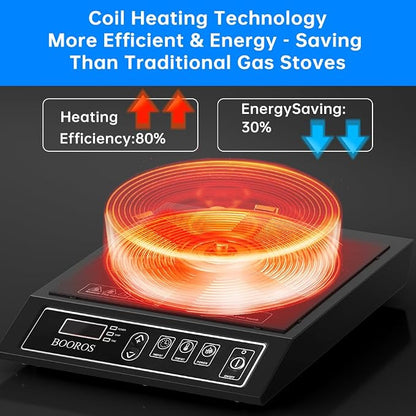 BOOROS Portable Induction Cooktop, 9.6" Heating Coil with 8" Core, 1800W | Induction Burner Countertop ,10 Temp Levels 175-520°F, 24H Timer & Preset, Overheat Protection for Commercial & Home Use