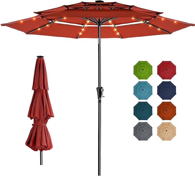 HOMSHADE 9FT 3-Tier Solar Patio Umbrella Heavy Duty, Vented Market Table Umbrella Windproof w/32 LED Lights, UPF50+, 5-year Fade Resistant, for Pool, Lawn, Garden, Deck (Neon Orange,No Base)