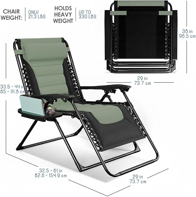 Nestl Padded Oversized Zero Gravity Chair, XL Folding Outdoor Lounge Chair | Adjustable Headrest, Cup Holder & Side Tray, Support 330 LBS, Reclining & Foldable, For Patio & Camping, Black/Sage Green