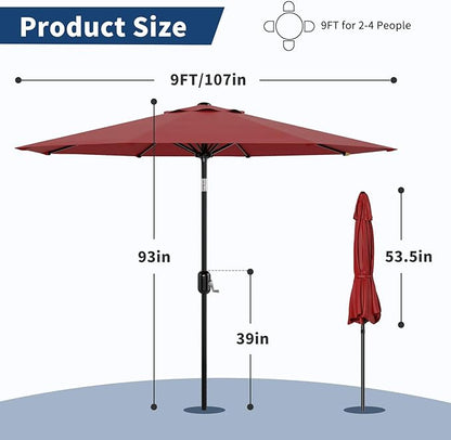 Garvee 9 ft Patio Umbrella - 8 Sturdy Ribs Outdoor Table Umbrella with Crank Lift & Push Button Tilt - Market Umbrella for Pool, Deck, Yard, Garden - Red