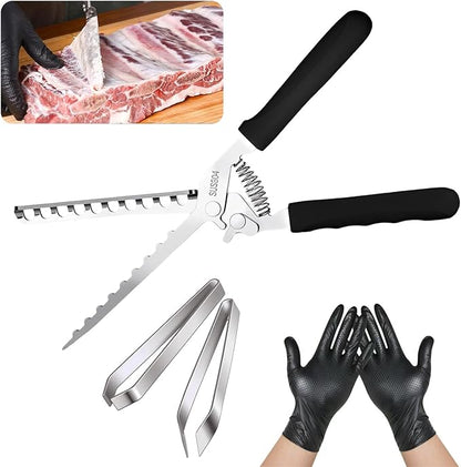 Stainless Steel Rib Membrane Remover – BBQ Rib Prep Kit with 2 Tweezers & Gloves – Effortless Ribs Skin Removal Tool for Chefs, Grilling & Home Cooking