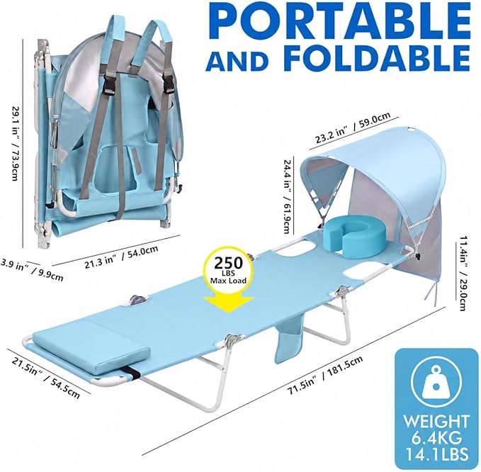 Backpack Beach Tanning Lounge Chair with Canopy Shade Face Hole Padded Adjustable Washable, 6 Position Layout Chair for Outside Sunbathing Poolside Lawn, UPF 50+ Wind-Resistant Sun Shade, 2Pack