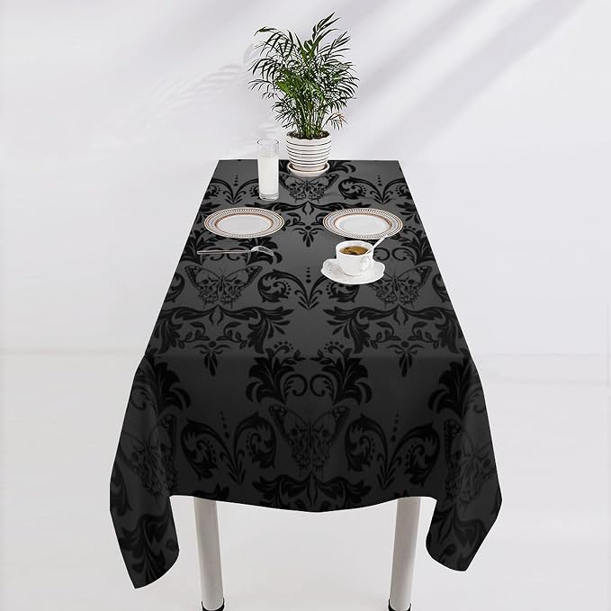 Gothic Black Damask Tablecloth, Vintage Floral Exotic Butterfly Suger Skull Bohemian Antique Table Cloth Water Resistant Table Cover for Farmhouse Party Holiday Kitchen Dinner Table 60x90"
