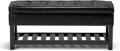 SIMPLIHOME Cosmopolitan Storage Ottoman Bench - 44 inch Wide Upholstered Vegan Leather Rectangle Storage Ottoman in Midnight Black, Transitional Bench for Bedroom with Tufted Lift-Top and Open Shelf