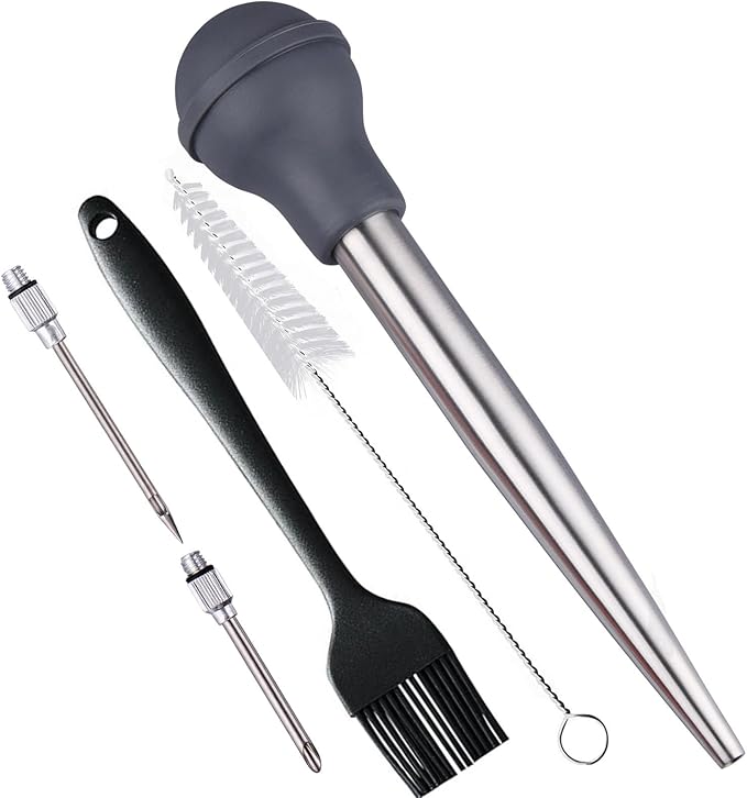 Turkey Baster, Baster Syringe Meat Injector Baster Set with 2 Needles&2 Cleaning Basting Brush, 18/8 Stainless Steel Turkey Baster for Flavor Meat Poultry, Beef & Chicken Cooking Grey
