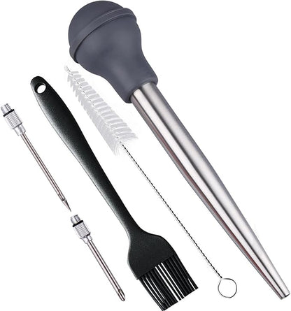 Turkey Baster, Baster Syringe Meat Injector Baster Set with 2 Needles&2 Cleaning Basting Brush, 18/8 Stainless Steel Turkey Baster for Flavor Meat Poultry, Beef & Chicken Cooking Grey