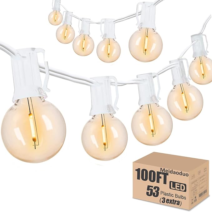 Outdoor String Lights Waterproof Patio LED 100FT G40 Globe String Lights with 53 Shatterproof Clear Bulbs(3 Extra) for Indoor/Outdoor Wedding Pergola Gazebo White String Lights