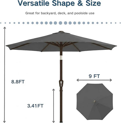 PatioKingdom 9FT Patio Outdoor Umbrella-UPF 50+ Sun Shade with Wind Vent, Push-Button Tilt & Smooth Crank Lift, Rust-Resistant Fiberglass Frame for Garden, Backyard,Yard (Gray)