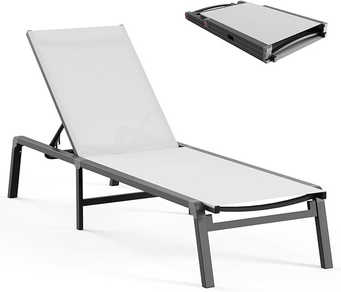 Ciokea Aluminum Chaise Lounge Ourdoor - Foldable & Assemble Free Outdoor Lounge Chair with 5 Adjustable Backrest, Patio Lounge Chair for Outside Poolside Beach Pool, White
