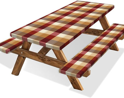 Checkered Style Picnic Table Cover with Bench Covers, Camping Essentials, Plaid Waterproof Windproof, Fitted Tablecloth Cover with Elastic Edge, for Indoor, Outdoor, 3 PCS, 30x72 Inch