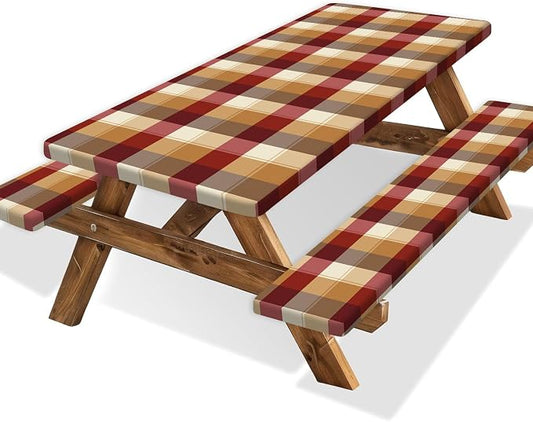 Checkered Style Picnic Table Cover with Bench Covers, Camping Essentials, Plaid Waterproof Windproof, Fitted Tablecloth Cover with Elastic Edge, for Indoor, Outdoor, 3 PCS, 30x72 Inch
