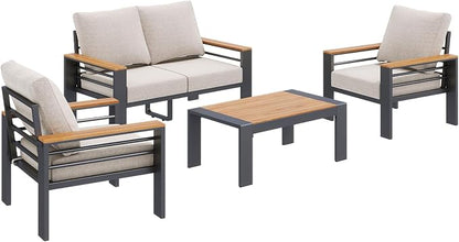 Aoxun Patio Furniture Set, 4 Piece Aluminum Patio Sets with 5" Thicken & Washable Cushion, Waterproof Outdoor Furniture with Coffee Table, Outdoor Couch Sectional for Backyard, Porch and Garden