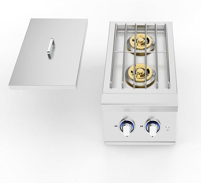 Built-In Dual Side Burner for Outdoor Kitchen, 2x17000 BTU Propane Cooktop, Natural Gas Convertible, 304 Stainless Steel Grill Island Stove, LED Knobs, Removable Lid, Drip Tray, Ignition