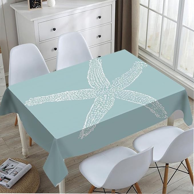 TKS MITLAN White Starfish Tablecloth 60x84 Inch Rectangular Ocean Wildlife Sketch Granular Tube Feet Tentacle Sea Cyan Oblong Table Cloth Kitchen Table Decorations for Home Dinner Party