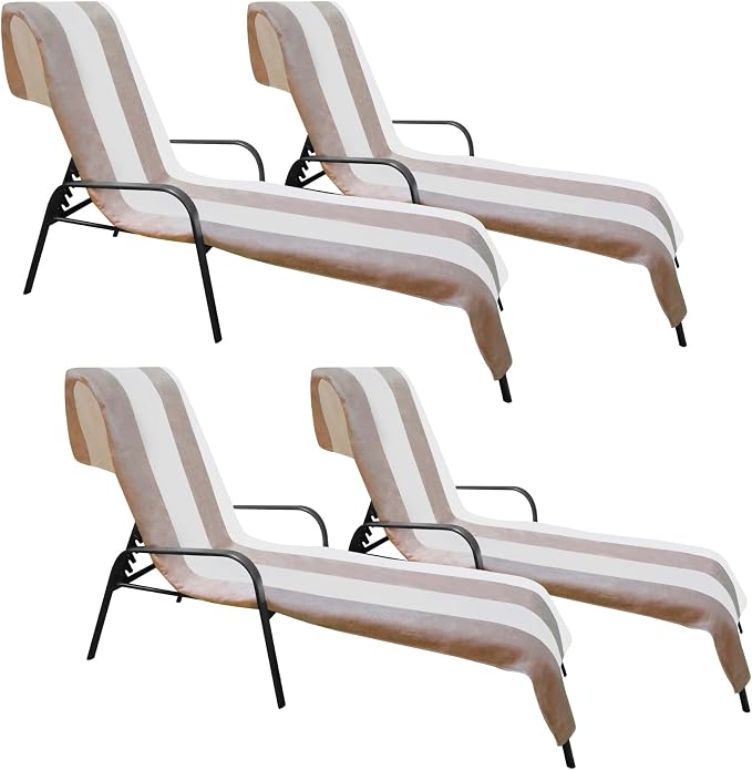 Superior Cabana Cotton Lounge Chair Cover, Outdoor Towel/Chaise Furniture Covers, Terry Cloth, Beach, Spa, Swim Accessories, Pool Chair Cover, Soft, Quick Drying, 32" x 102", Set of 4, Taupe