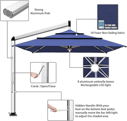 EliteShade USA Atlas 3-Tier 10x10FT Full Aluminum Cantilever Patio Umbrella for Outdoor Restaurant Garden Courtyard Deck Pool and Marketing with Light (No battery), Navy Blue
