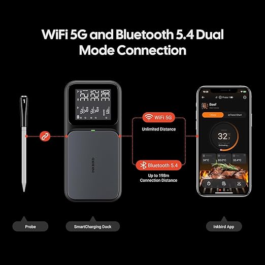 3-Probe Wireless Meat Thermometer with WiFi & Bluetooth, 5-in-1 Sensor for Precision, Rechargeable Smart Meat Thermometer for Cooking BBQ, Grilling and Smoking with Clear LCD Screen