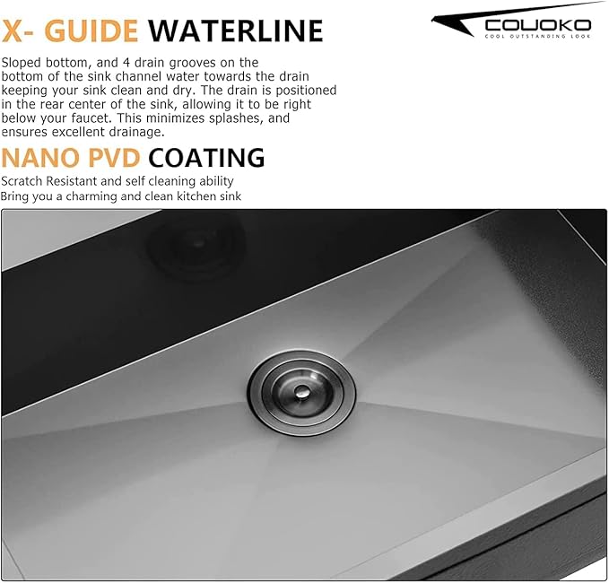25x22 Drop In Kitchen Sink Black 16 Gauge Stainless Steel Single Bowl Drop Kitchen Sinks Nano PVD Gunmetal Black Handmade Large Deep Topmount Sinks, 25x22x9 Inch